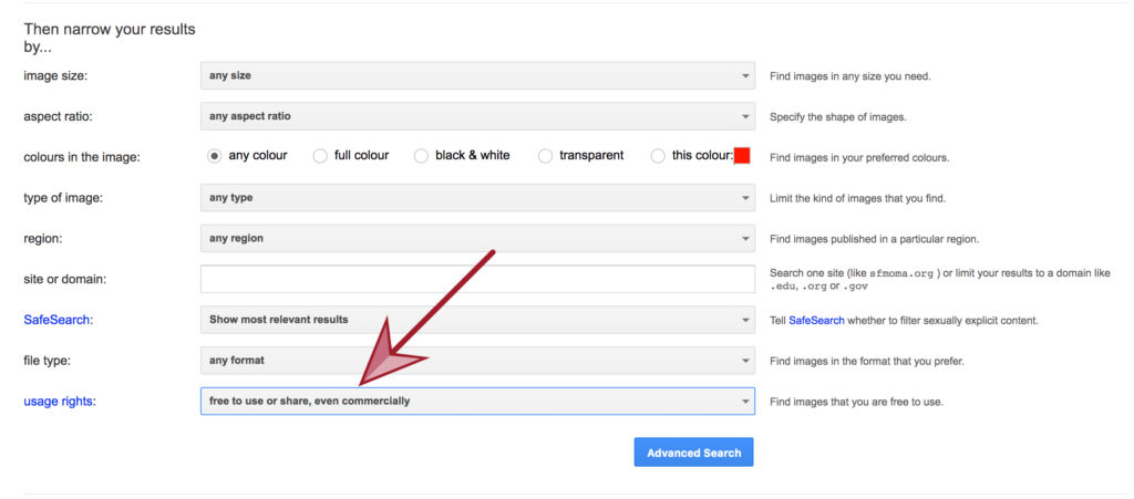 Google Image Search screenshot of the usage rights option: free to use or share, even commercially. 